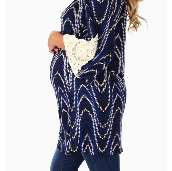 Blue Black Printed Crochet Sleeve Maternity Top - Picture 2 of 4